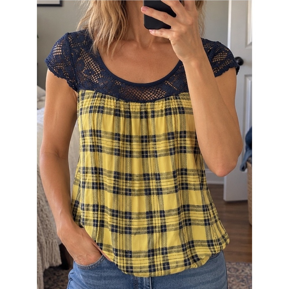 Silence + Noise Babydoll Top Small Yellow‎ Plaid Crochet Lace Y2K Boho
